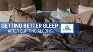 bed with text saying getting better sleep after quitting alcohol